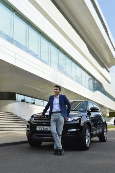 Confident man leaning on modern black car outside office building